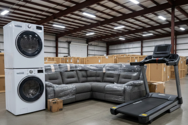 A collection of large items like a sofa, treadmill, and washing machine